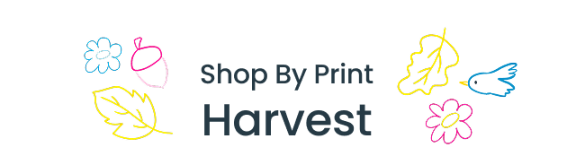 Category banner with leaves, flowers, and bird illustrations. Text reads ‘Shop By Print Harvest.’