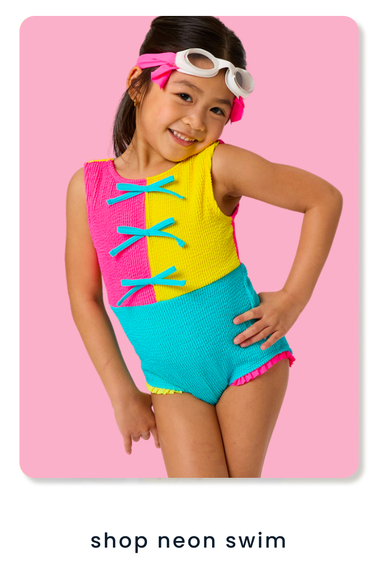 Promotional image showing child wearing bright pink, yellow, and blue swimwear.  Text below reads "shop neon" swim.