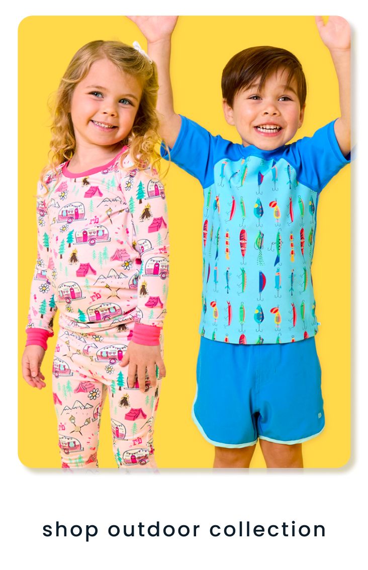Two children in camping and fishing patterned pajamas and swimwear.  Text reads "shop outdoor collection".