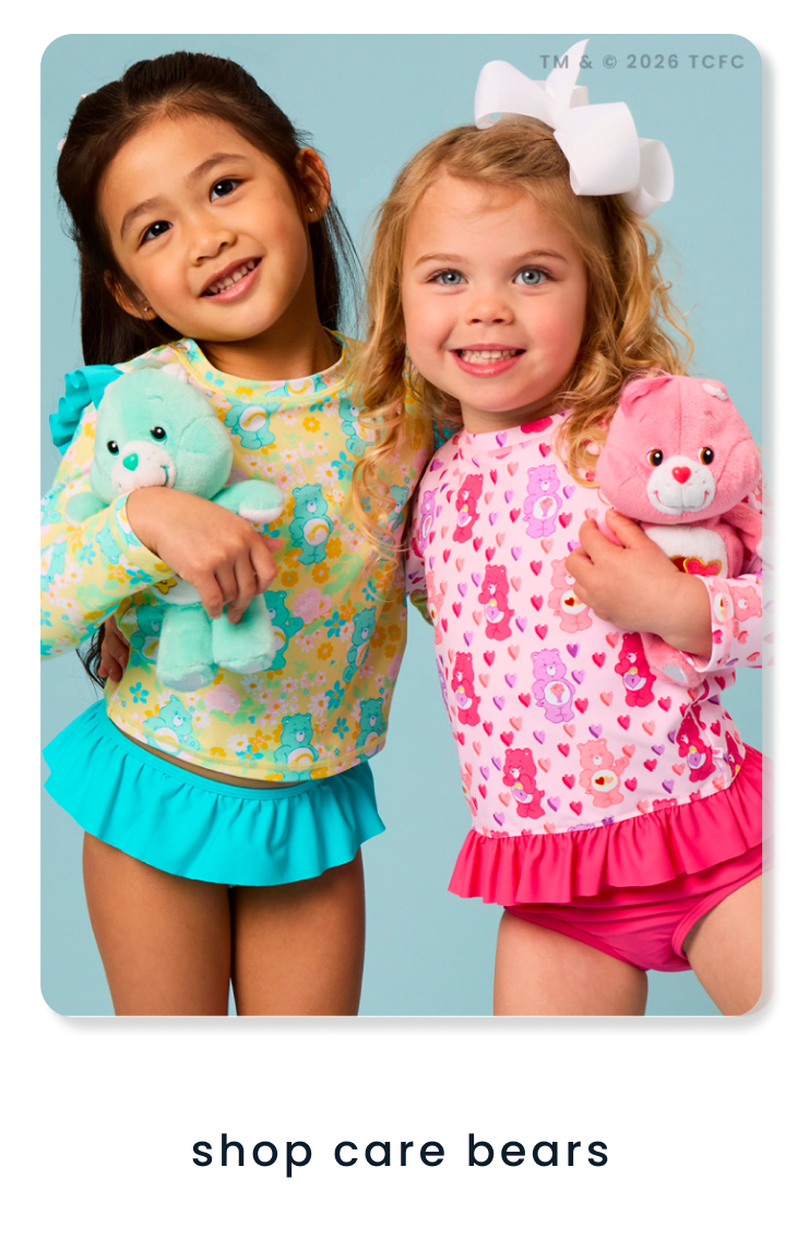 Banner featuring Care Bears collaboration with RuffleButts and RuggedButts.  Two children hold plush bears, with cartoon Care Bears on clouds.  Text reads "shop Care Bears."