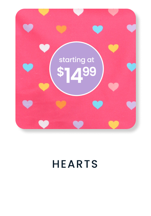 "Bright pink pattern with multicolored hearts in white, yellow, blue, lavender, and peach. Price badge reads ‘starting at $14.99.’ Text below reads ‘Hearts.’"