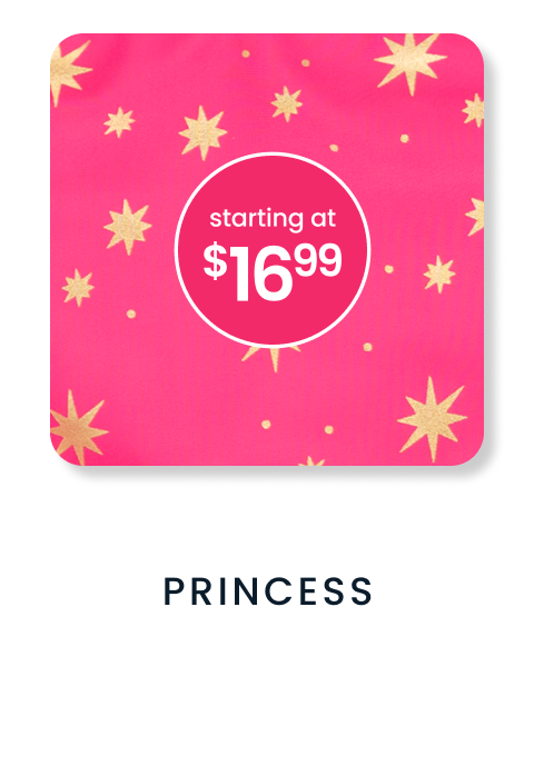 "Bright pink pattern with gold starburst designs. Price badge reads ‘starting at $16.99.’ Text below reads ‘Princess.’"