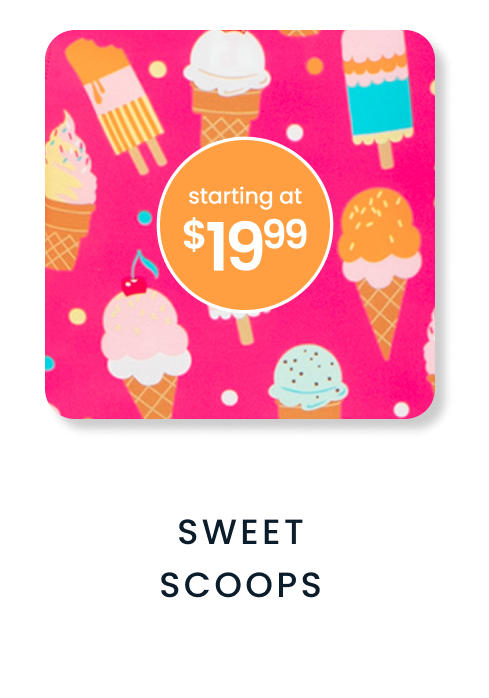 "Bright pink pattern featuring ice cream cones, popsicles, and frozen treats in pastel colors. Price badge reads ‘starting at $19.99.’ Text below reads ‘Sweet Scoops.’"