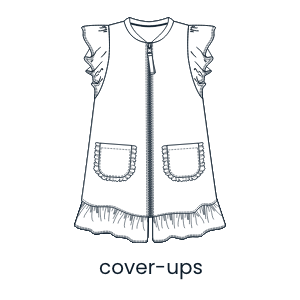 "Illustration of a two‑piece swim set with a zip‑front dress, ruffle trim, and matching bottoms. Text below reads ‘cover-ups’"