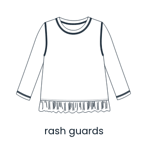 "Illustration of a long‑sleeve swim top with ruffle hem detail. Text below reads ‘rash guards.’"