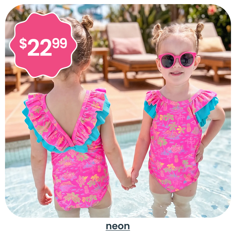 "Poolside image showing two children in bright neon pink swimsuits with ruffle details. A pink badge reads &lsquo;$22.99.&rsquo; Text below reads &lsquo;neon.&rsquo;"