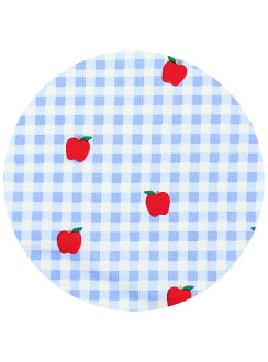 "Light blue gingham pattern with red apples spaced evenly across the checkered background."