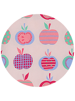 "Seamless pattern featuring stylized apples in pink, red, teal, and coral on a light background with stripes, polka dots, and grid designs."