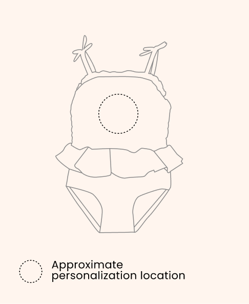 Line drawing of Swim Trunks Clearance. A dotted circle indicates the approximate location for personalization.